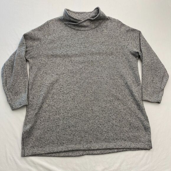 Lands End Fleece Tunic Sweater Sweatshirt Cowl Neck Womens 1X Gray Herringbone - Picture 1 of 10